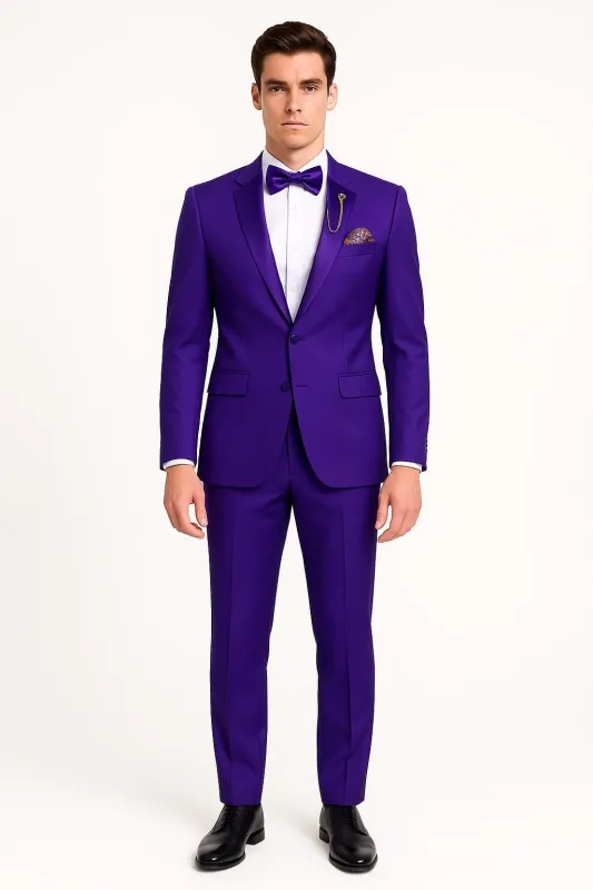 Purple Tuxedo Suit for Men – Stylish Two-Piece Prom and Wedding Suit with Matching Satin Lapel made by Alberto Nardoni