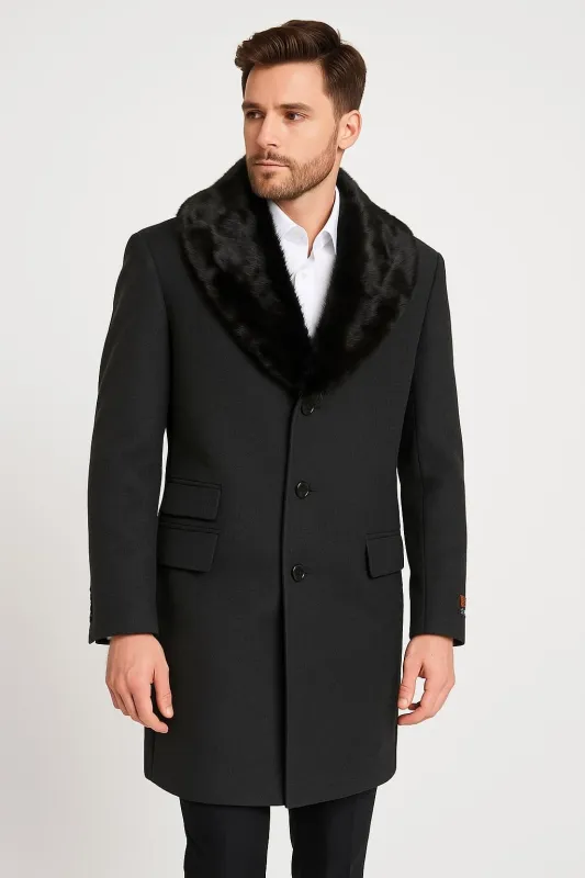 Mens Black Wool Overcoat with Black Faux Fur Collar â€“ Luxury Winter Dress Coat sold by Alberto Nardoni