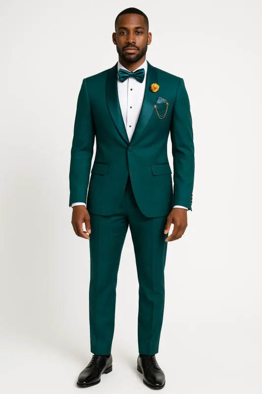 Teal Green Tuxedo Suit for Men – Satin Shawl Lapel Prom and Wedding Suit sold by Alberto Nardoni