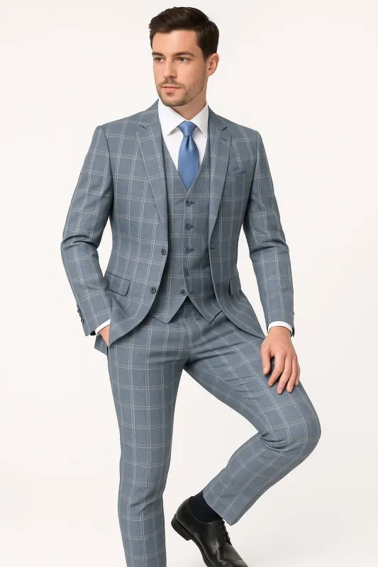 Mens Blue Windowpane Checkered Slim Fit Suit – 3 Piece Stretch Business Suit sold by Alberto Nardoni