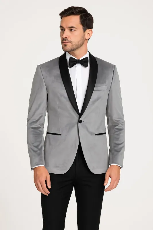 Mens Light Gray Velvet Tuxedo Jacket â€“ Slim Fit Shawl Lapel Formal Blazer + Black Pants Included made by Alberto Nardoni