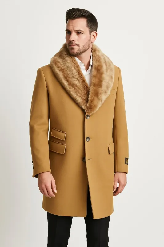 Mens Camel Overcoat with Light Faux Fur Collar – Single-Breasted Wool Dress Coat sold by Alberto Nardoni