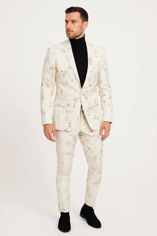 Mens White and Gold Embroidered Floral Suit – Prom Tuxedo Suit sold by Alberto Nardoni