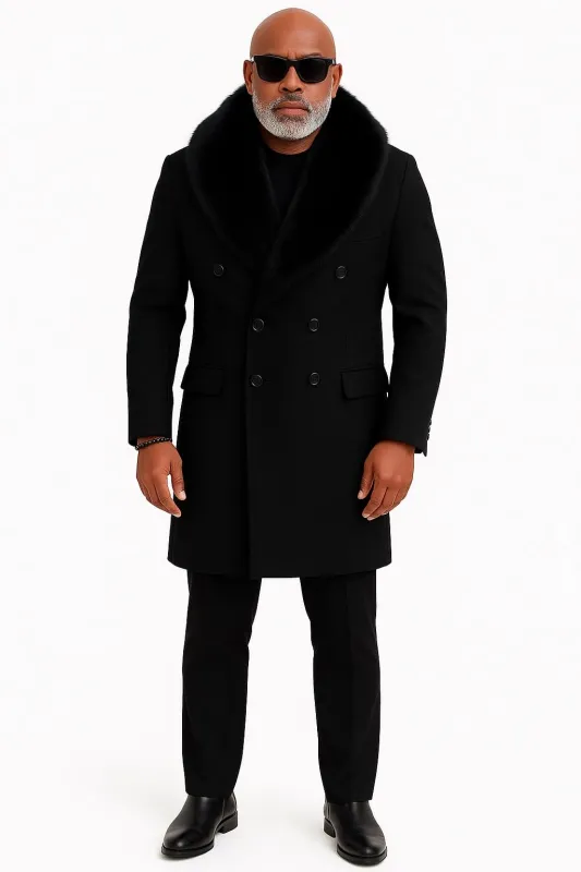 Mens Black Double-Breasted Overcoat with Oversized Faux Fur Collar â€“ Winter Luxury Coat sold by Alberto Nardoni