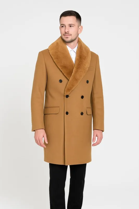 Mens Camel Wool Overcoat with Faux Fur Shawl Collar – Double-Breasted Winter Dress Coat sold by Alberto Nardoni