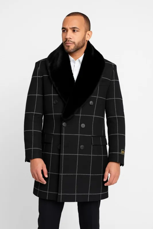 Mens Black Windowpane Wool Overcoat with Faux Fur Shawl Collar – Double-Breasted Long Coat sold by Alberto Nardoni