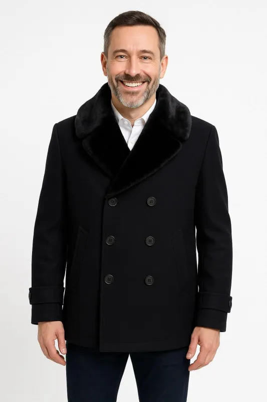 Mens Black Peacoat Wool Overcoat with Faux Fur Shawl Collar – Double-Breasted Winter Peacoat sold by Alberto Nardoni
