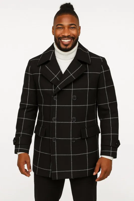Mens Black Windowpane Check Wool Overcoat – Double-Breasted Winter Peacoat sold by Alberto Nardoni