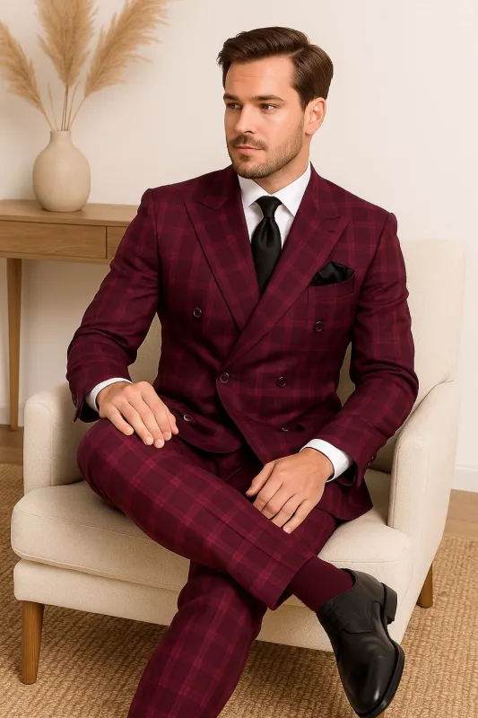 Men's Burgundy Plaid Double-Breasted Suit â€“ Classic Windowpane Formal Two-Piece Suit By Rossiman sold by Alberto Nardoni