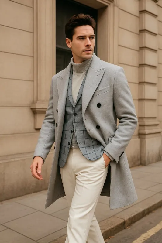 Men's Light Gray Double-Breasted Overcoat - Wool Fabric By Alberto Nardoni sold by Alberto Nardoni