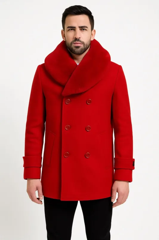 Mens Peacoat Color Red Color - Wool Overcoat with Faux Fur Shawl Collar – Double-Breasted Peacoat for Winter sold by Alberto Nardoni