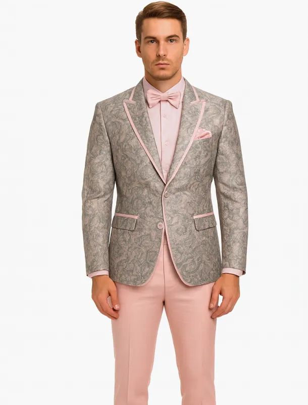 Mens Pink and Grey Floral Tuxedo with Satin Trim – Prom and Wedding Suit with Bow Tie and Flower Pin sold by Alberto Nardoni