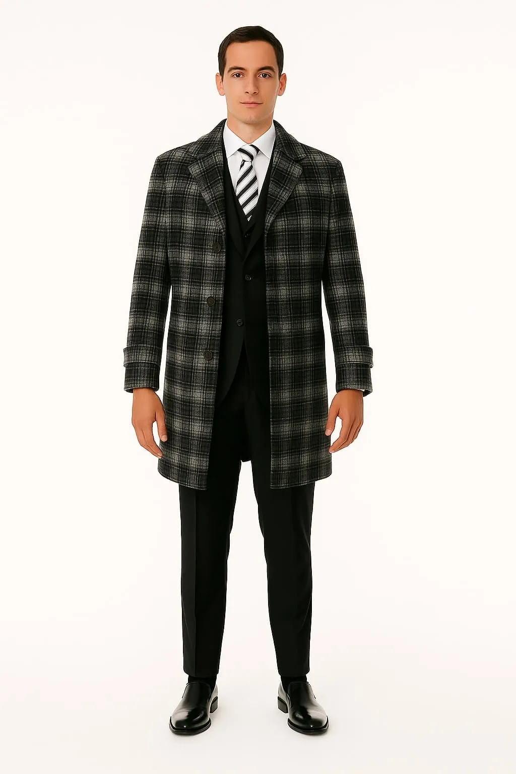 Men's Black and White Windowpane Plaid Overcoat – Classic Full Length Wool Blend Dress Coat sold by Alberto Nardoni product image thumbnail 2