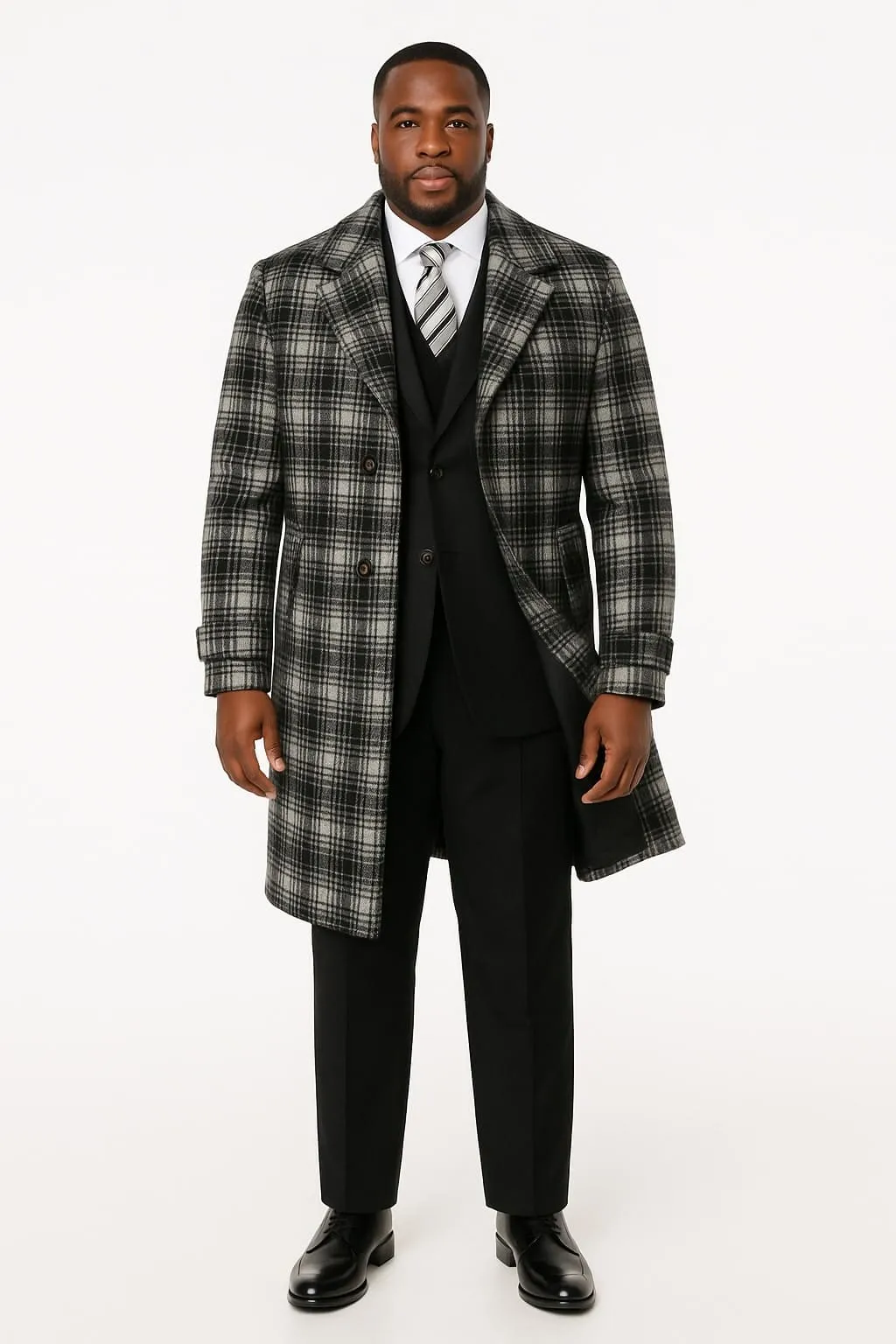 Men's Black and White Windowpane Plaid Overcoat – Classic Full Length Wool Blend Dress Coat sold by Alberto Nardoni product image thumbnail 4