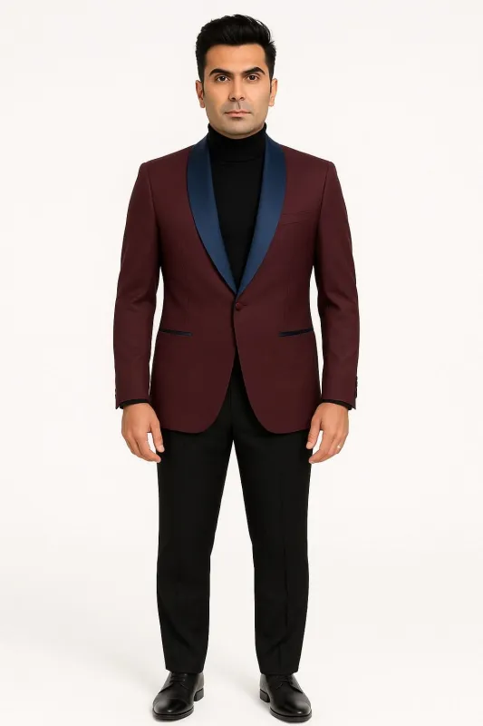 Mens Maroon Tuxedo Jacket with Blue Satin Shawl Lapel – Slim Fit Formal Blazer in Burgundy and Navy Blue sold by Alberto Nardoni