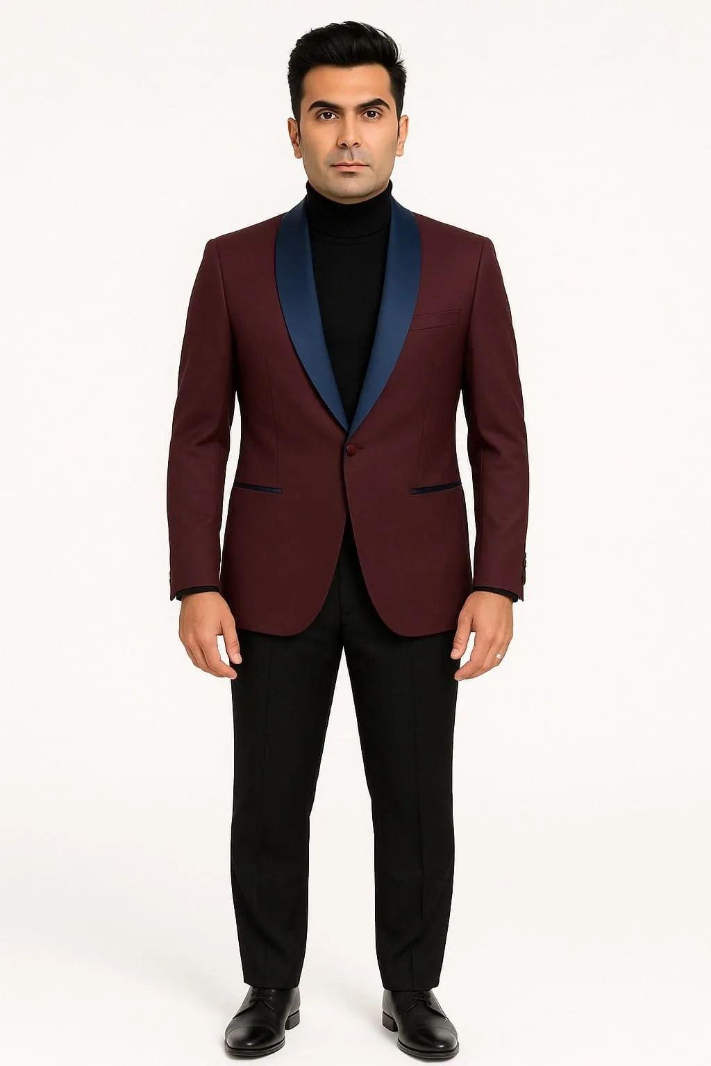 Mens Maroon Tuxedo Jacket with Blue Satin Shawl Lapel – Slim Fit Formal Blazer in Burgundy and Navy Blue sold by Alberto Nardoni