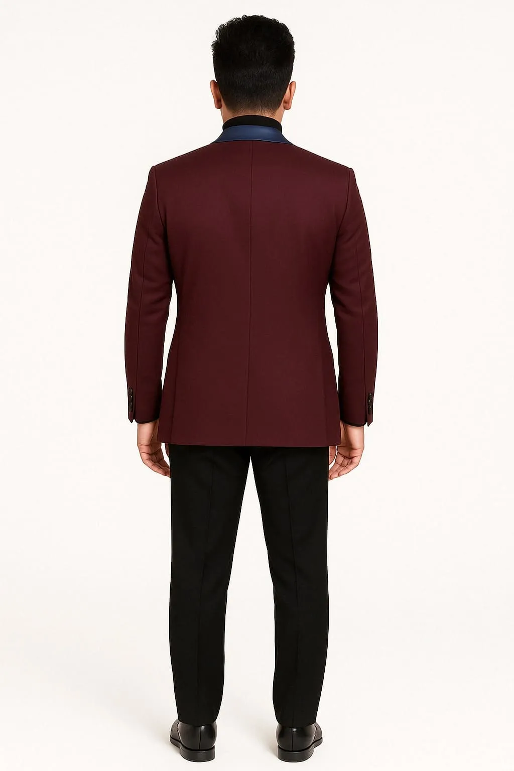 Mens Maroon Tuxedo Jacket with Blue Satin Shawl Lapel – Slim Fit Formal Blazer in Burgundy and Navy Blue sold by Alberto Nardoni product image thumbnail 3