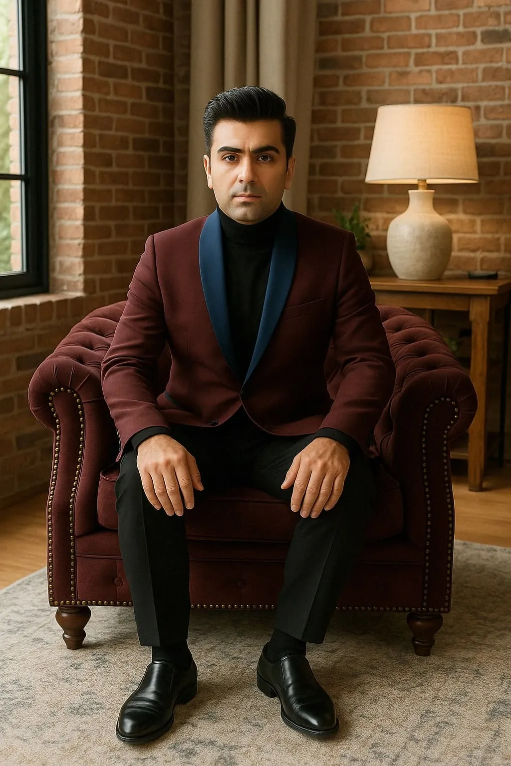Mens Maroon Tuxedo Jacket with Blue Satin Shawl Lapel – Slim Fit Formal Blazer in Burgundy and Navy Blue sold by Alberto Nardoni product image thumbnail 2
