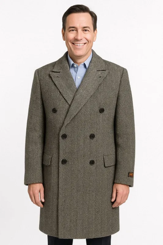 Mens Long Herringbone Wool Overcoat – Classic Double-Breasted Winter Topcoat sold by Alberto Nardoni