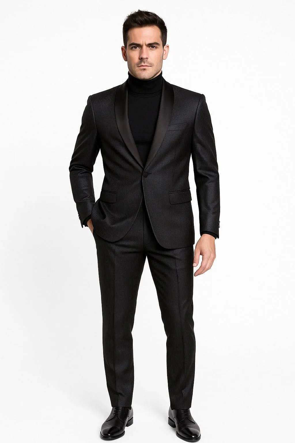 Mens Black Glitter Stripe Tuxedo with Satin Shawl Lapel – Slim Fit Formal Party Suit sold by Alberto Nardoni