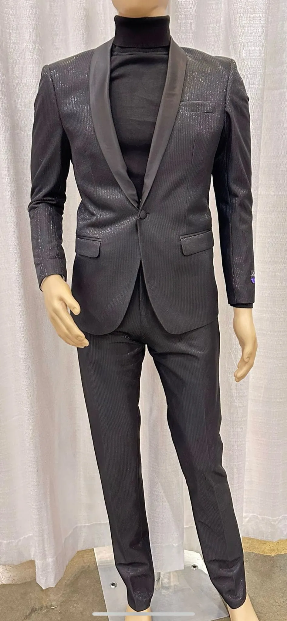 Mens Black Glitter Stripe Tuxedo with Satin Shawl Lapel – Slim Fit Formal Party Suit sold by Alberto Nardoni product image thumbnail 4