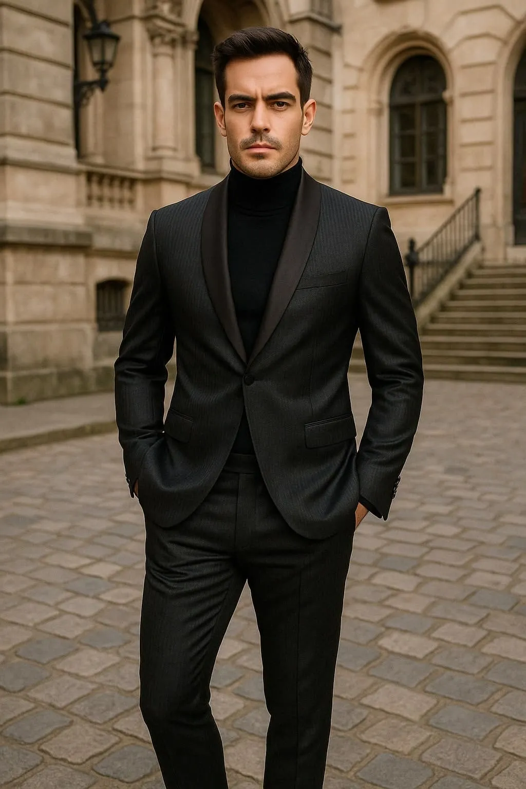 Mens Black Glitter Stripe Tuxedo with Satin Shawl Lapel – Slim Fit Formal Party Suit sold by Alberto Nardoni product image thumbnail 3