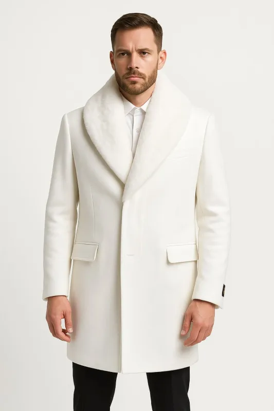Mens White Wool Overcoat with Plush Faux Fur Shawl Collar â€“ Alberto Nardoni Formal Winter Coat sold by Alberto Nardoni