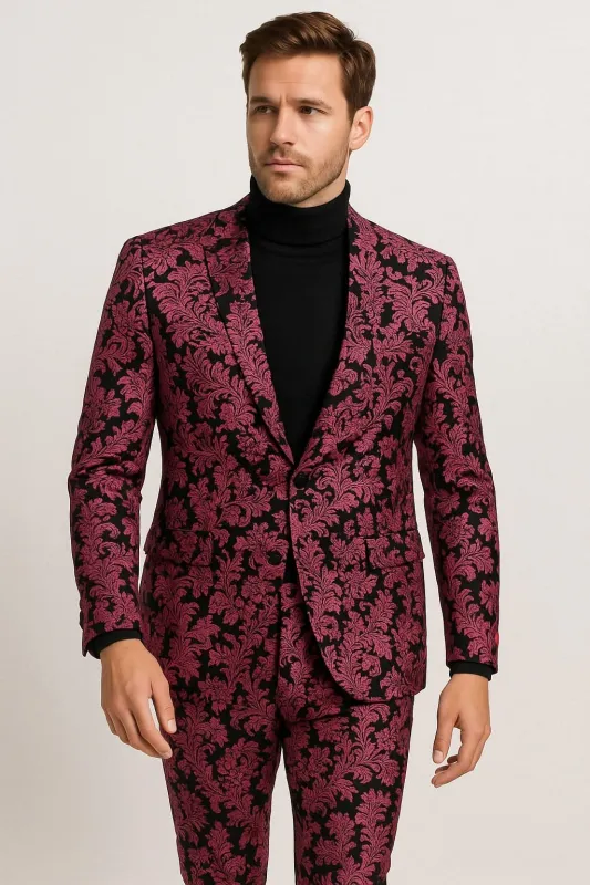 Mens Pink and Black Floral Tuxedo Suit – Slim Fit Two Piece Set sold by Alberto Nardoni