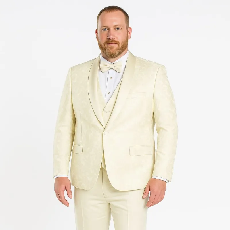 Big and Tall Ivory Floral Tuxedo – 3-Piece Embroidered Suit with Shawl Lapel for Weddings, Proms in Color Cream made by Alberto Nardoni