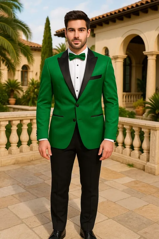 Men's Sateen Emerlad Green Tuxedo Jacket with Black Satin Lapel and Bow Tie – Slim Fit Prom and Party Blazer sold by Alberto Nardoni