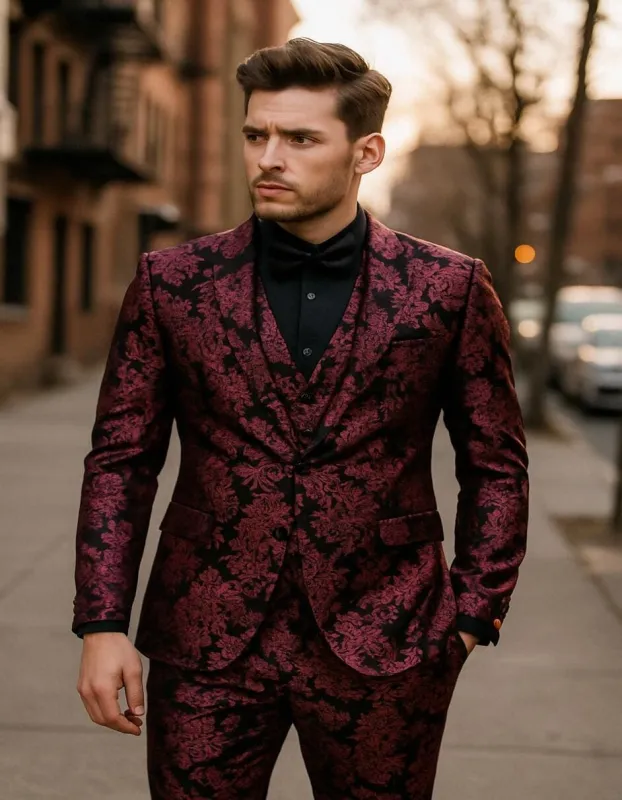 Men’s Black and Deep Pink Floral Tuxedo Suit – Slim Fit 2 Piece Formal Set with Matching Bow Tie sold by Alberto Nardoni