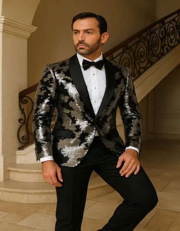 Men's Black and Silver Gray Sequin Tuxedo Blazer With Black Pants sold by Alberto Nardoni
