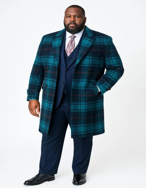 Men's Blue Plaid Wool Overcoat – Double-Breasted Long Winter Coat with Wide Lapel - Full Length sold by Alberto Nardoni