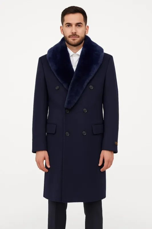 Mens Double-Breasted Navy Overcoat with Plush Blue Faux Fur Collar – Alberto Nardoni Winter Coat sold by Alberto Nardoni