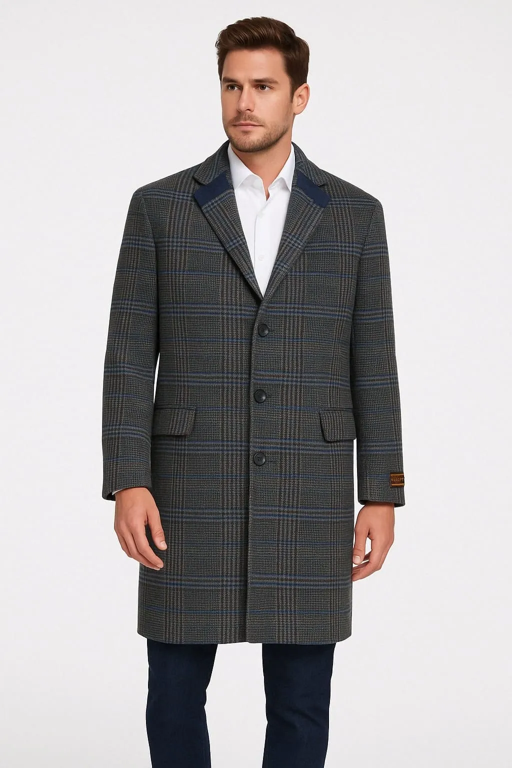 Men’s Blue and Grey Glen Plaid Wool Overcoat – Classic Long Winter Coat - Chesterfield Blue Collar sold by Alberto Nardoni product image thumbnail 2
