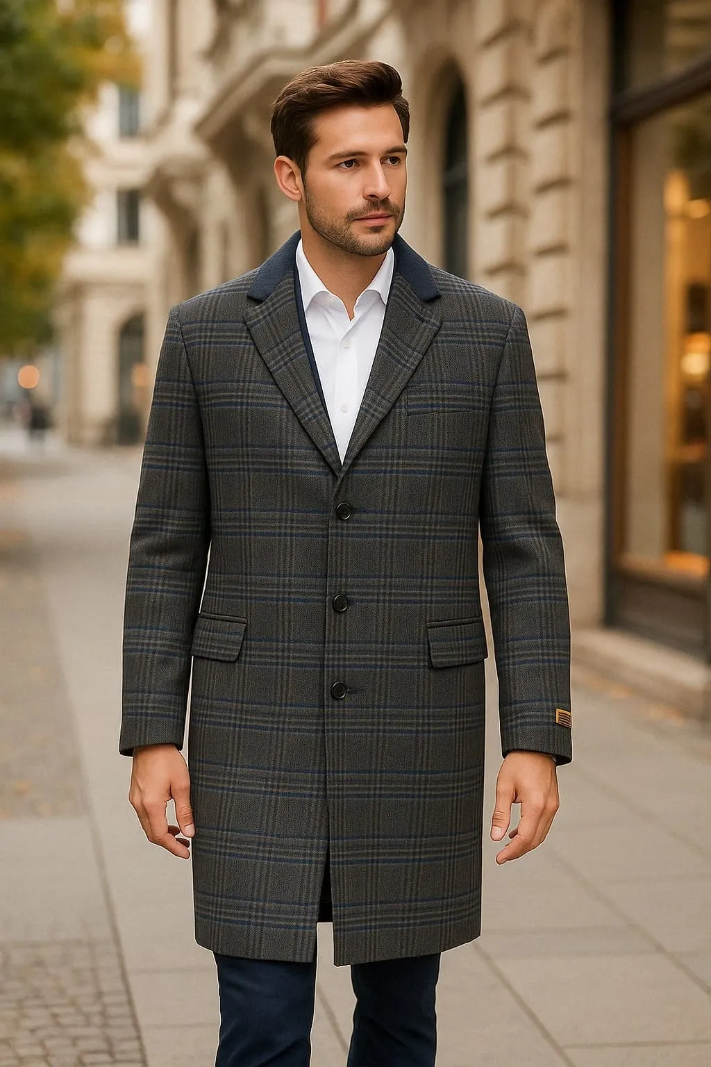 Men’s Blue and Grey Glen Plaid Wool Overcoat – Classic Long Winter Coat - Chesterfield Blue Collar sold by Alberto Nardoni