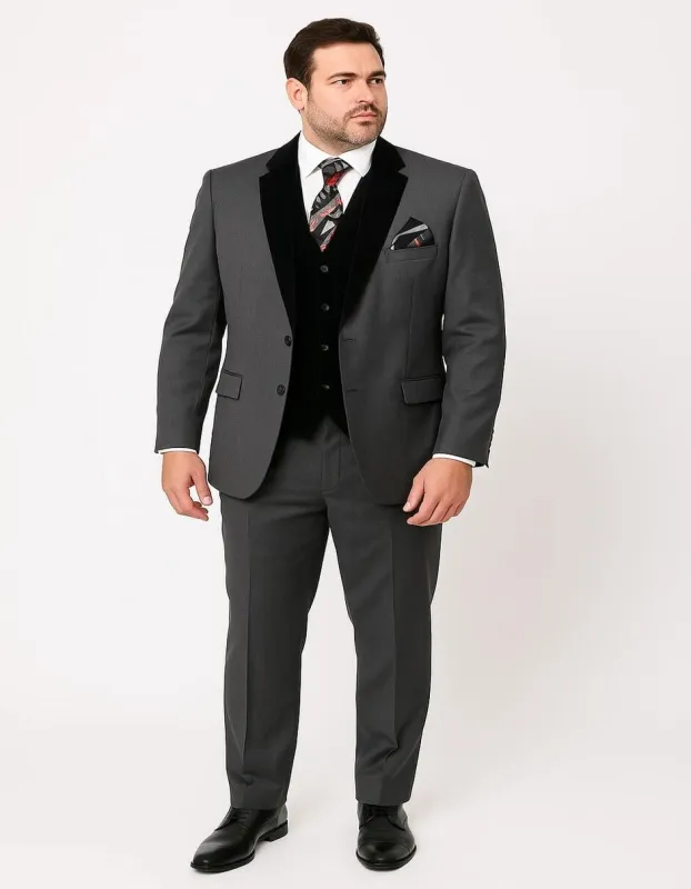 Men's Charcoal Gray 3-Piece Suit with Black Velvet Lapel – Formal Business and Wedding Attire - Gray Tuxedo sold by Alberto Nardoni