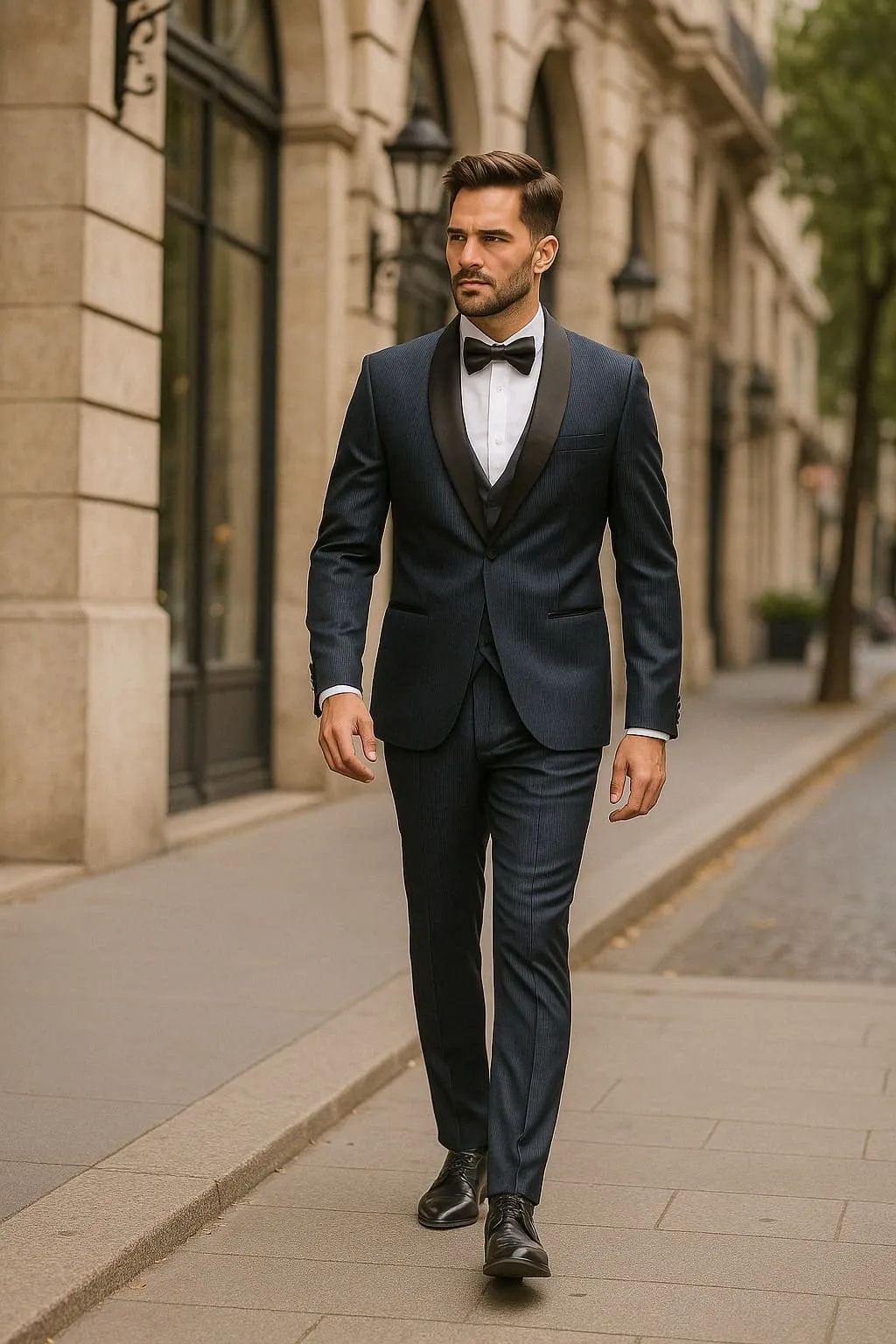 Mens Midnight Blue Stripe Tuxedo Jacket with Black Satin Shawl Lapel – Shiny Formal Party Suit sold by Alberto Nardoni product image thumbnail 3