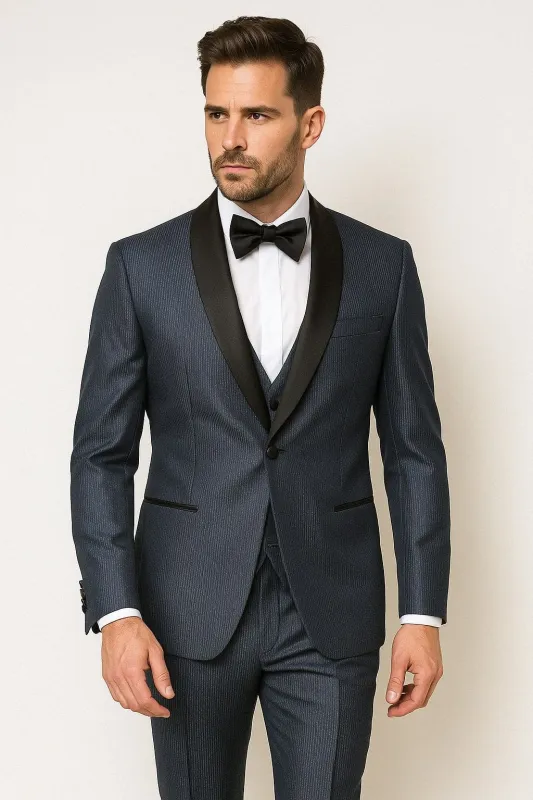 Mens Midnight Blue Stripe Tuxedo Jacket with Black Satin Shawl Lapel – Shiny Formal Party Suit made by Alberto Nardoni