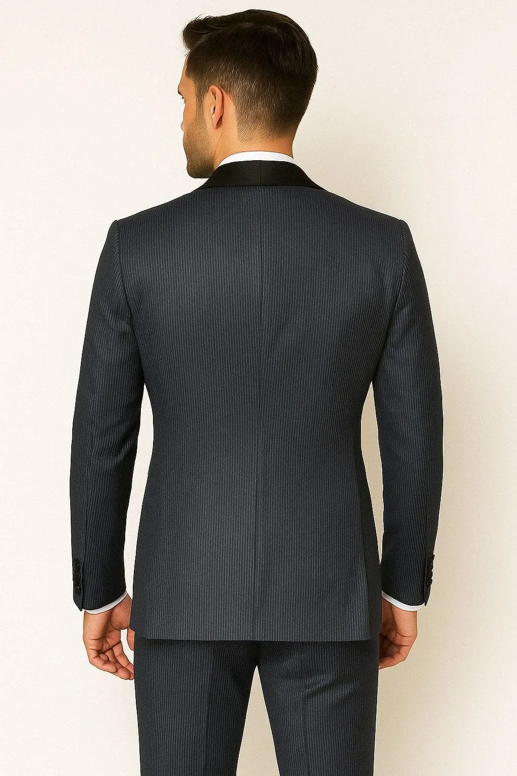 Mens Midnight Blue Stripe Tuxedo Jacket with Black Satin Shawl Lapel – Shiny Formal Party Suit sold by Alberto Nardoni product image thumbnail 2
