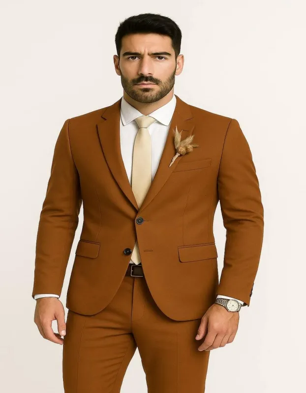 Mens Rust Brown Wedding Suit - Modern Slim Fit Groom Suit for Fall Outdoor Ceremonies sold by Alberto Nardoni