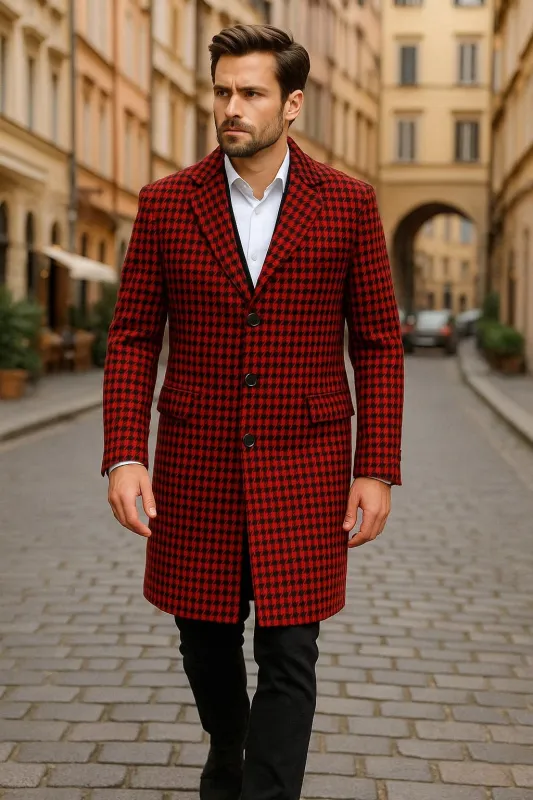 Men’s Red and Black Houndstooth Overcoat – Classic Wool Long Coat - Christmas Tartan Coat sold by Alberto Nardoni