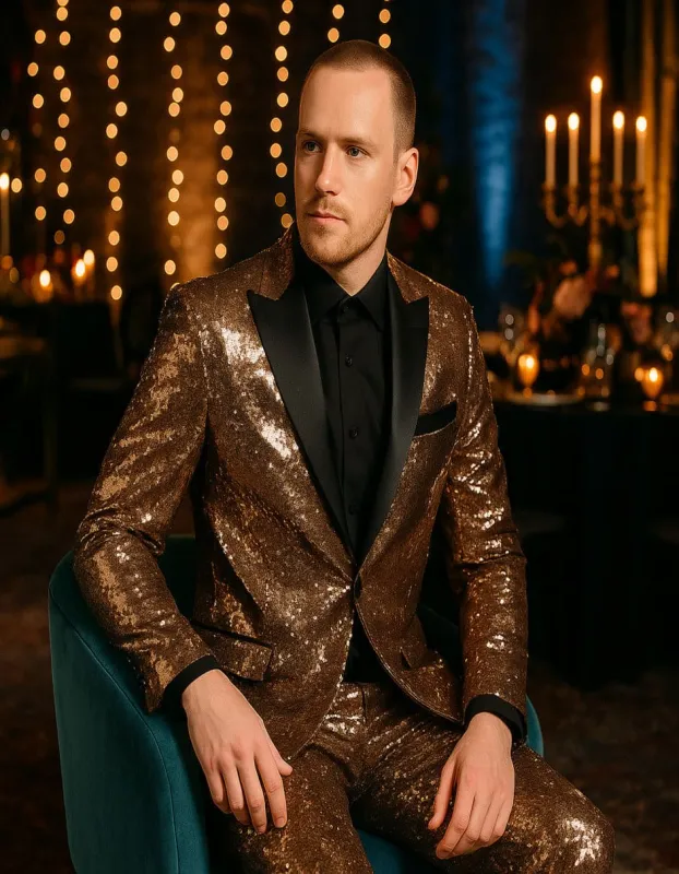 Men's Rose Gold Sequin Tuxedo Suit with Black Satin Lapel – Luxury Slim Fit Blazer for Parties and Events sold by Alberto Nardoni
