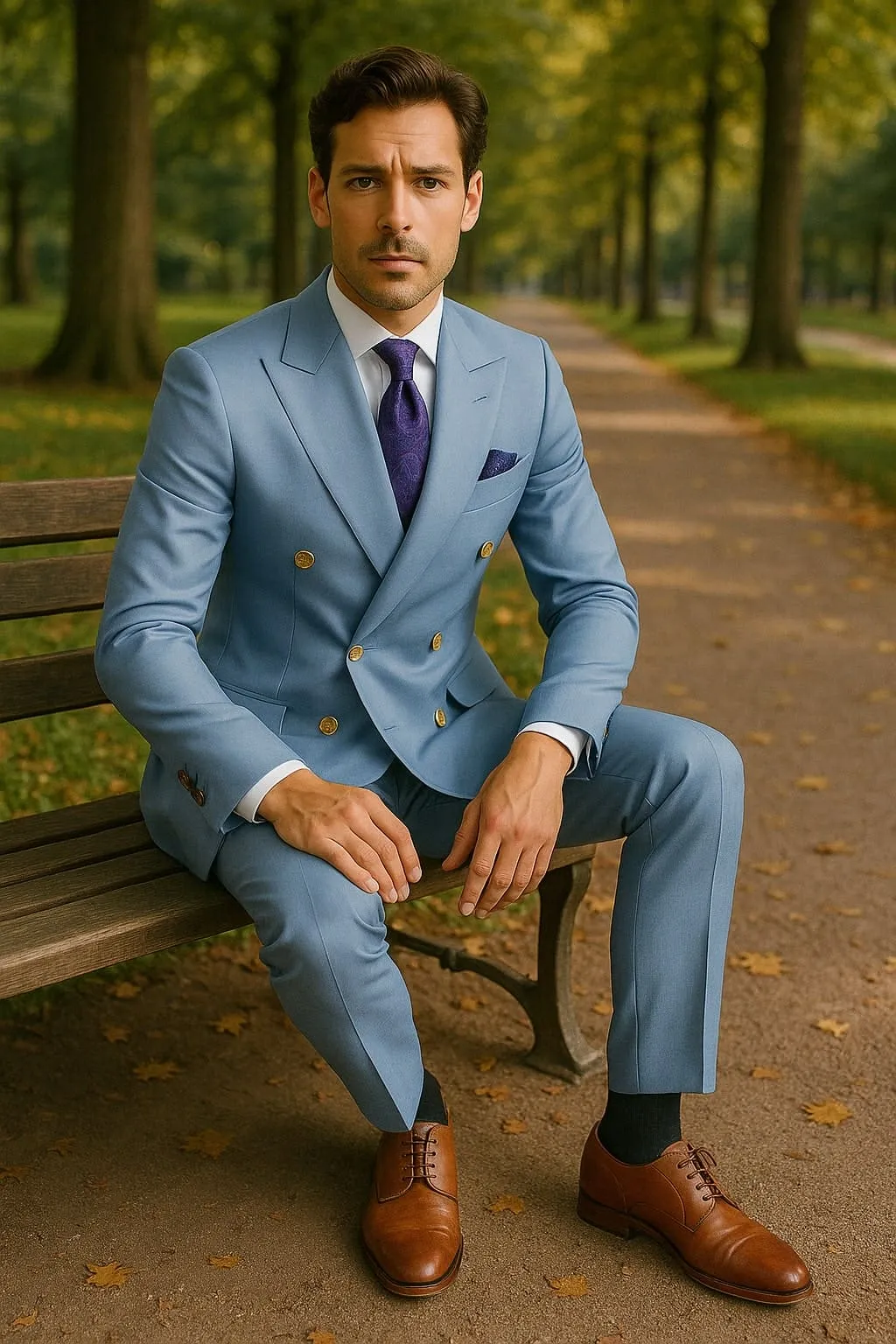 Mens Light Blue Double-Breasted Suit with Gold Buttons – Slim Fit 2-Piece Formal Set in Sky Blue Color sold by Alberto Nardoni product image thumbnail 2