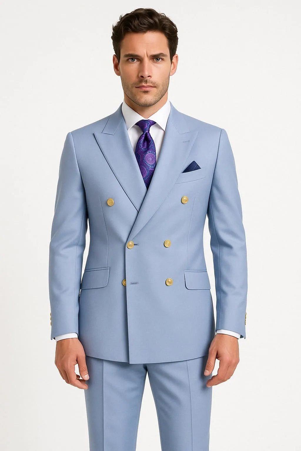 Mens Light Blue Double-Breasted Suit with Gold Buttons – Slim Fit 2-Piece Formal Set in Sky Blue Color sold by Alberto Nardoni