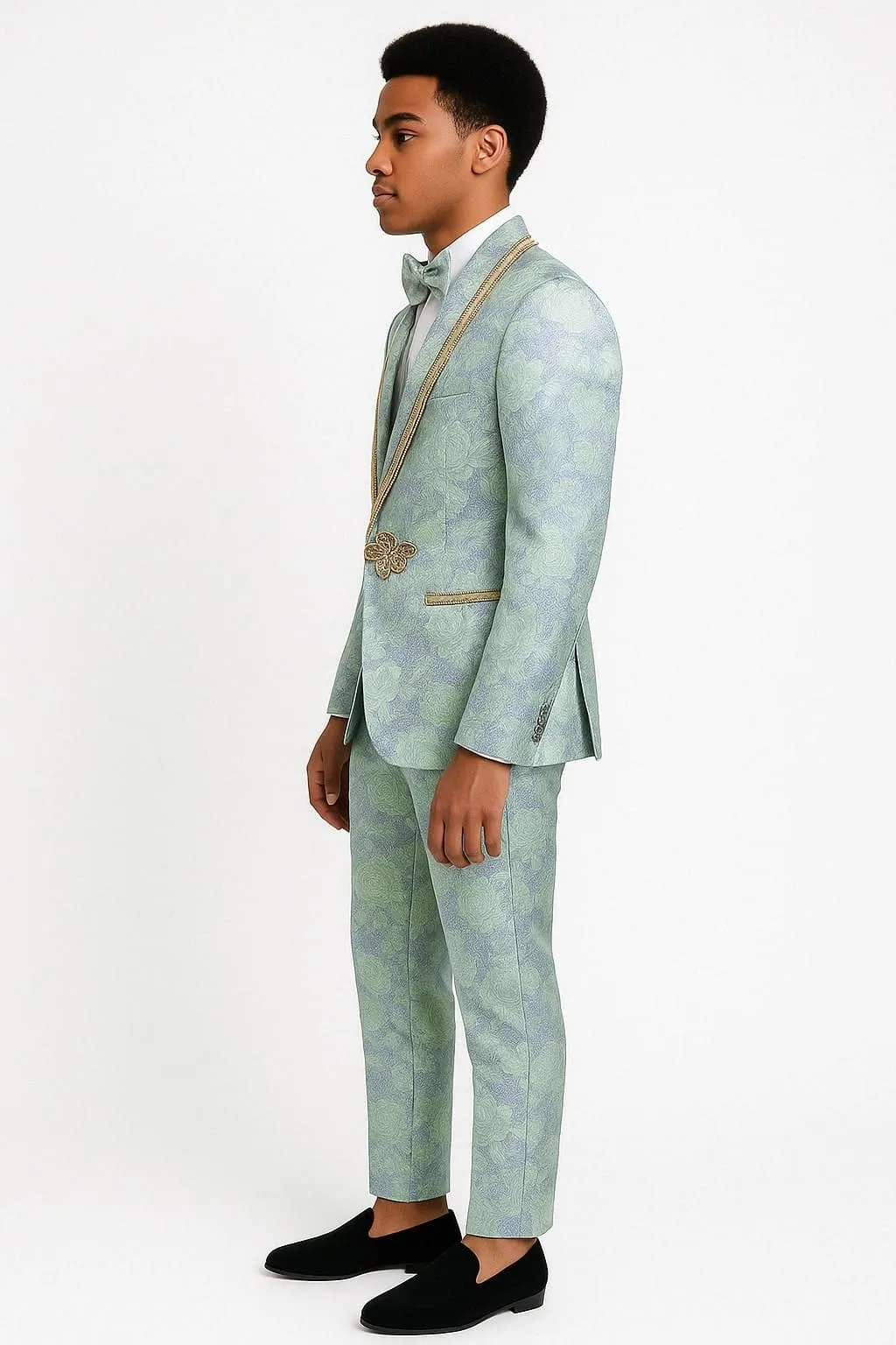 Men's Mint Green - Sage and Gold Trim Collar Floral Brocade Blazer with Gold Embellishments Prom Suit sold by Alberto Nardoni product image thumbnail 3