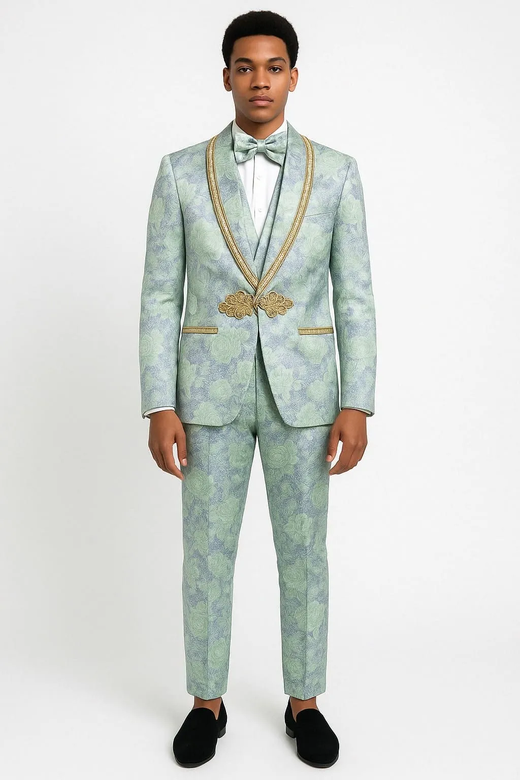 Men's Mint Green - Sage and Gold Trim Collar Floral Brocade Blazer with Gold Embellishments Prom Suit sold by Alberto Nardoni product image thumbnail 2