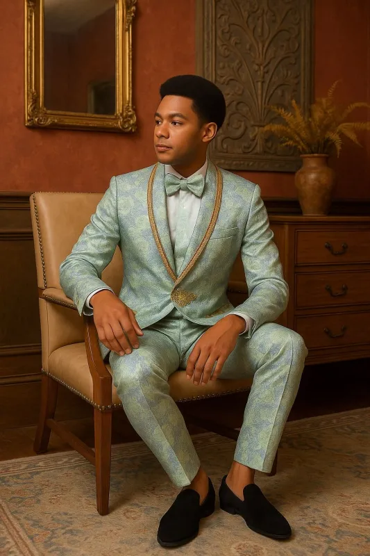 Men's Mint Green - Sage and Gold Trim Collar Floral Brocade Blazer with Gold Embellishments Prom Suit sold by Alberto Nardoni