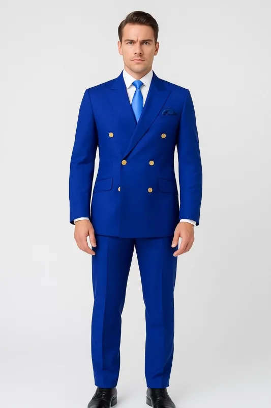 Mens Royal Blue Double-Breasted Suit with Gold Buttons – Slim Fit Formal 2-Piece Set sold by Alberto Nardoni