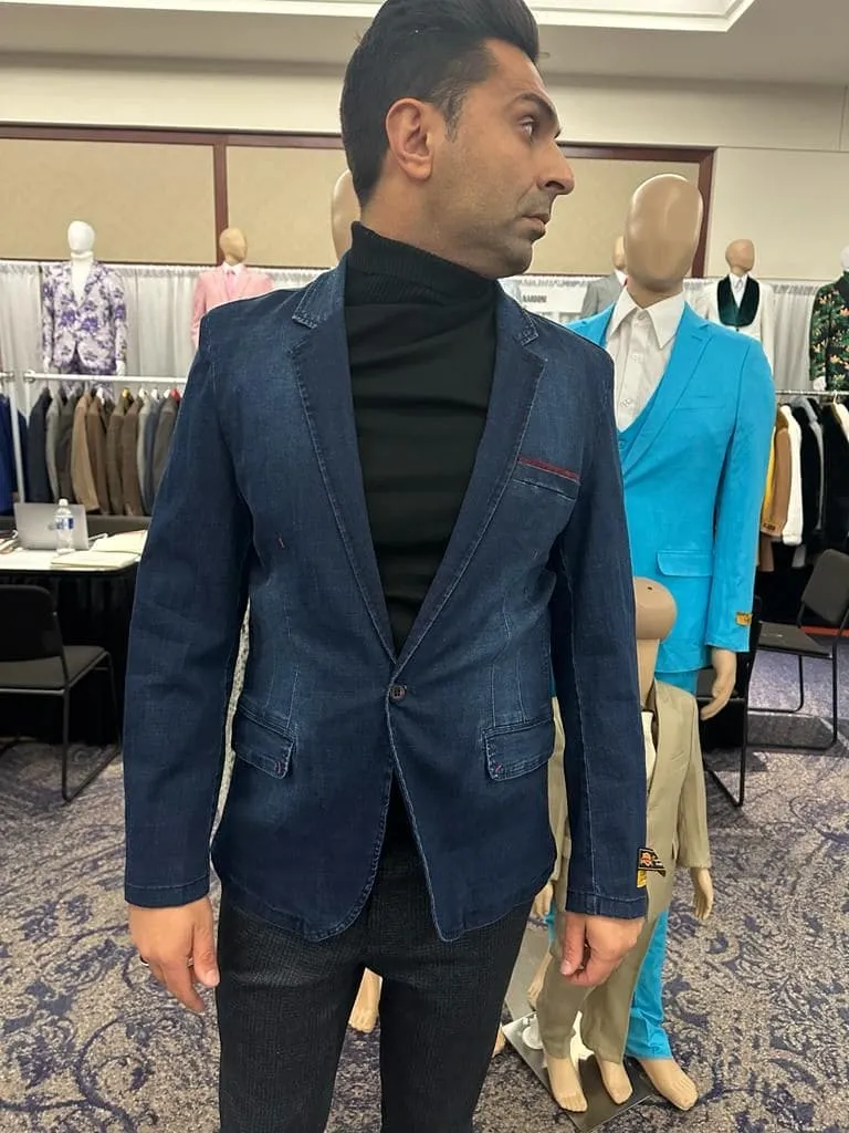 Mens Dark Blue Denim Casual Blazer with Notch Lapel and Single Button Closure sold by Alberto Nardoni product image thumbnail 3